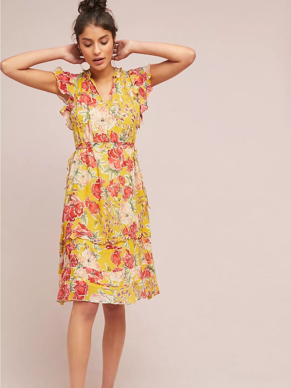 Anthropologie Dolan Silk Ellory Floral Ruffle Yellow Maxi Dress